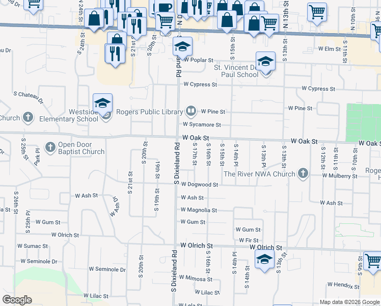 map of restaurants, bars, coffee shops, grocery stores, and more near 906 South 17th Street in Rogers