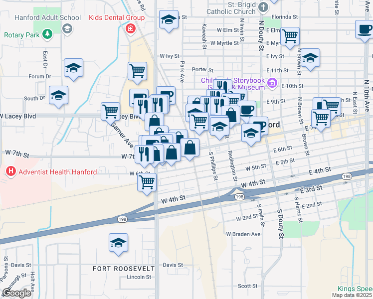 map of restaurants, bars, coffee shops, grocery stores, and more near 200 Santa Fe Avenue in Hanford