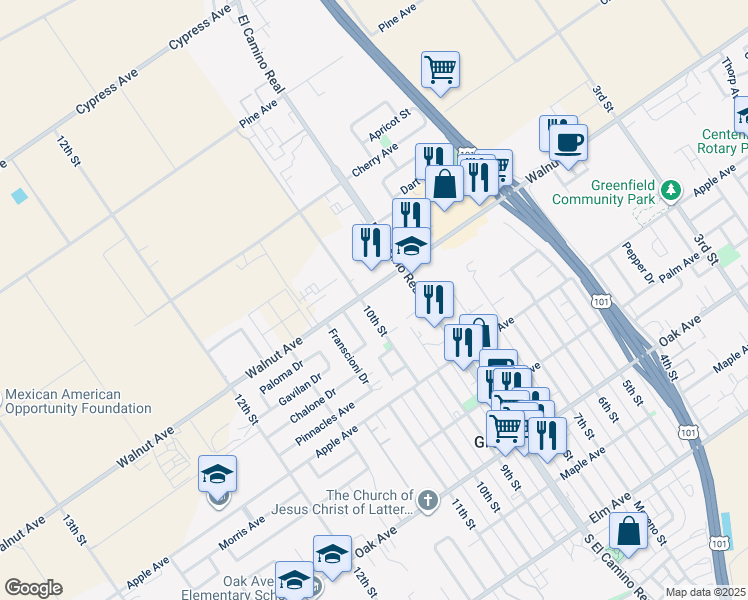 map of restaurants, bars, coffee shops, grocery stores, and more near 923 Walnut Avenue in Greenfield