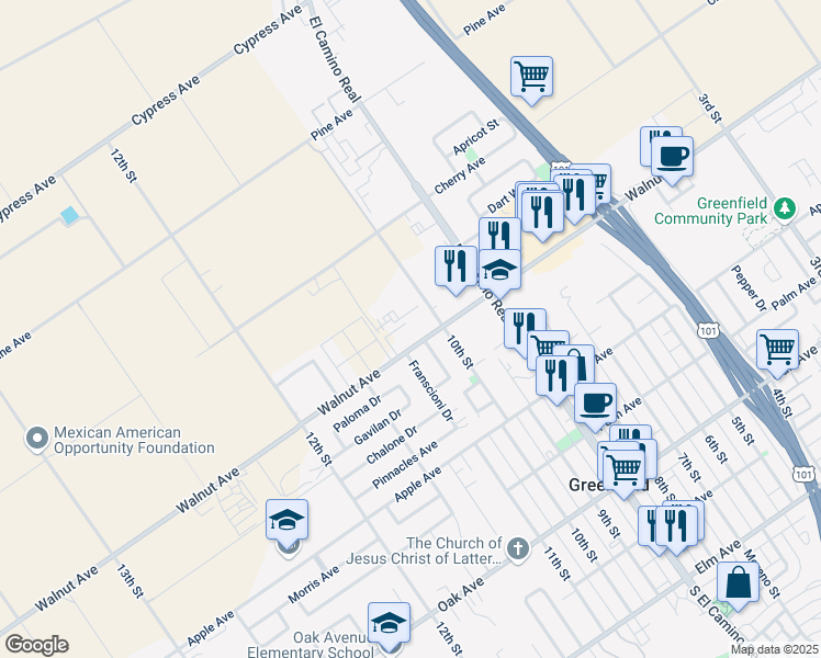 map of restaurants, bars, coffee shops, grocery stores, and more near 497 Clifton Court in Greenfield