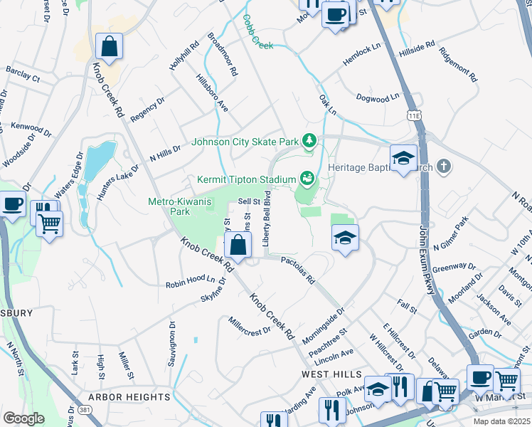 map of restaurants, bars, coffee shops, grocery stores, and more near 806 Liberty Bell Boulevard in Johnson City