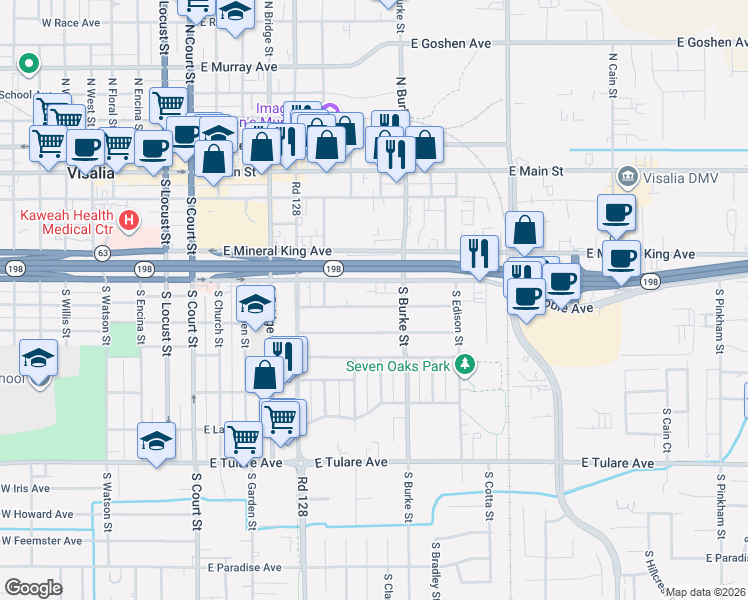 map of restaurants, bars, coffee shops, grocery stores, and more near 740 East Kaweah Avenue in Visalia