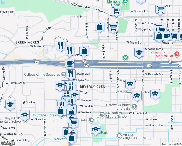 map of restaurants, bars, coffee shops, grocery stores, and more near 519 South Divisadero Street in Visalia