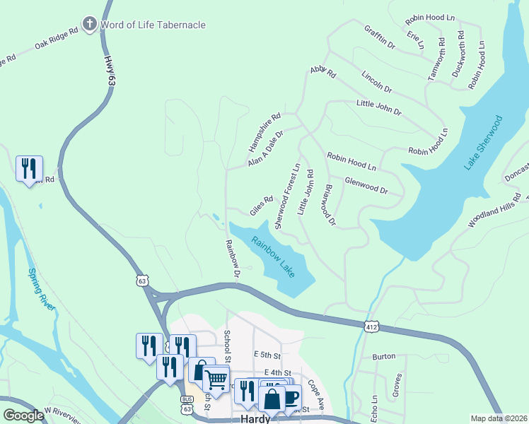 map of restaurants, bars, coffee shops, grocery stores, and more near 117 Giles Road in Hardy