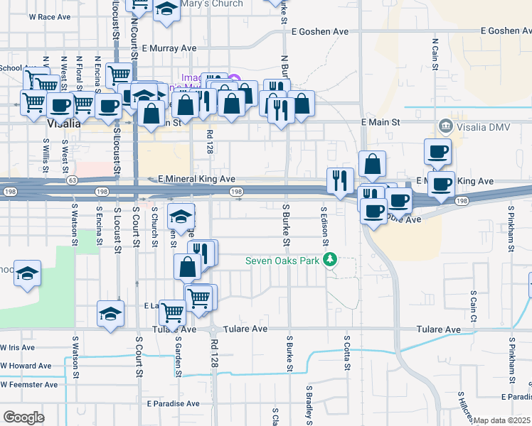 map of restaurants, bars, coffee shops, grocery stores, and more near 740 East Kaweah Avenue in Visalia
