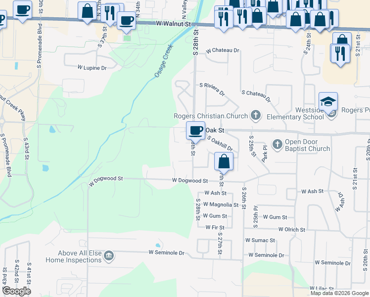 map of restaurants, bars, coffee shops, grocery stores, and more near 912 South 28th Street in Rogers