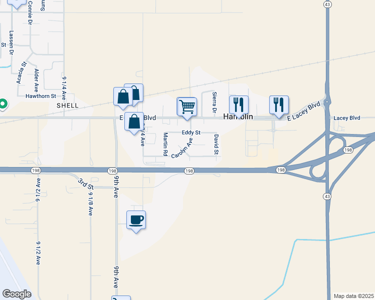 map of restaurants, bars, coffee shops, grocery stores, and more near 10237 Carolyn Avenue in Hanford