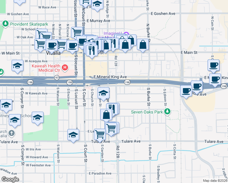 map of restaurants, bars, coffee shops, grocery stores, and more near 515 South Santa Fe Street in Visalia
