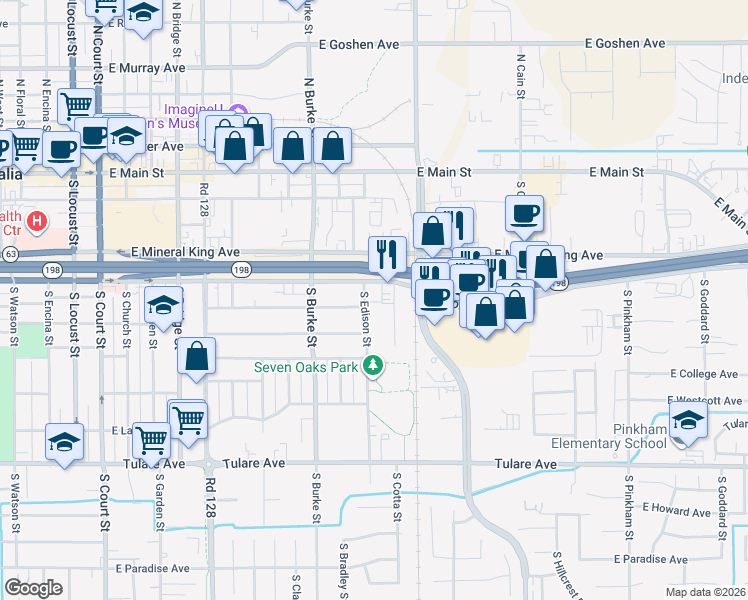 map of restaurants, bars, coffee shops, grocery stores, and more near 1119 East Noble Avenue in Visalia