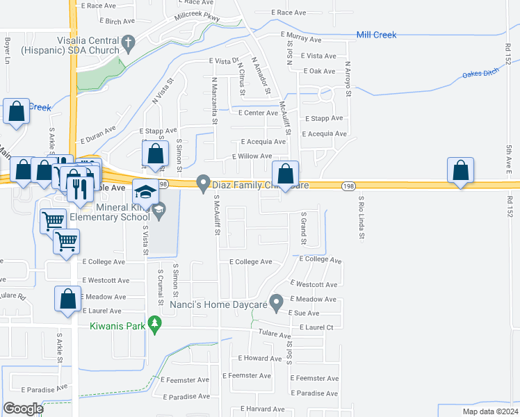 map of restaurants, bars, coffee shops, grocery stores, and more near 3911 East Noble Avenue in Visalia