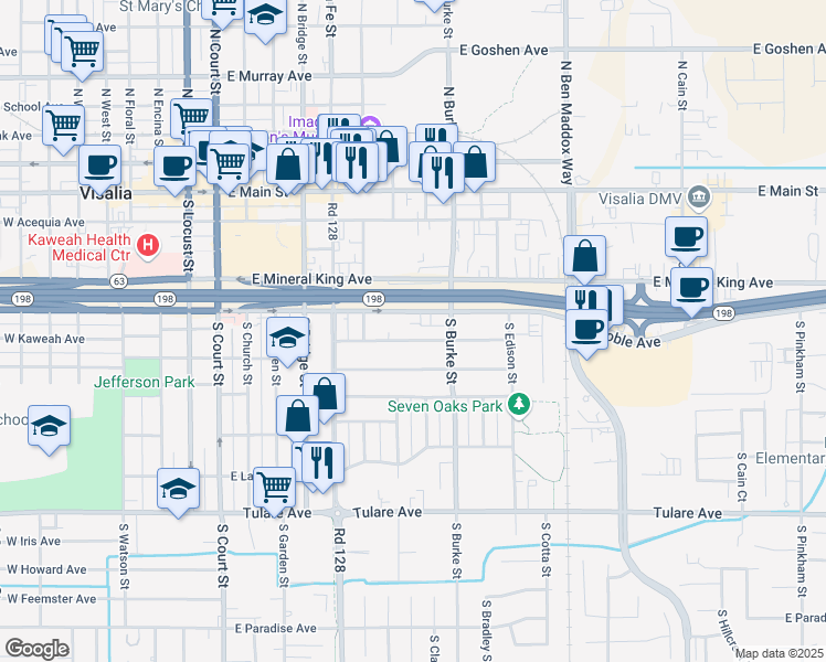map of restaurants, bars, coffee shops, grocery stores, and more near 740 East Kaweah Avenue in Visalia