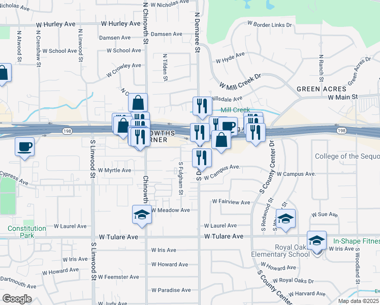 map of restaurants, bars, coffee shops, grocery stores, and more near 615 South Demaree Street in Visalia