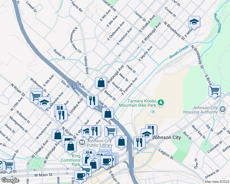 map of restaurants, bars, coffee shops, grocery stores, and more near 502 East Myrtle Avenue in Johnson City
