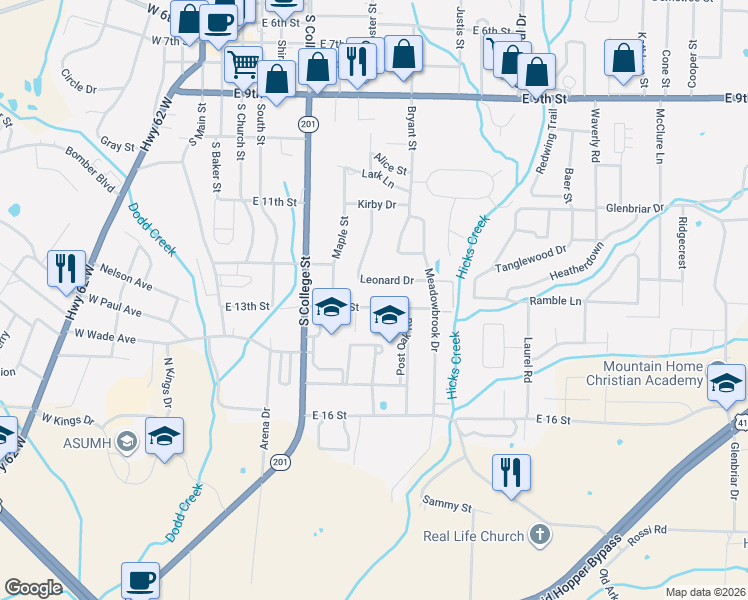 map of restaurants, bars, coffee shops, grocery stores, and more near 601 East 13th Street in Mountain Home