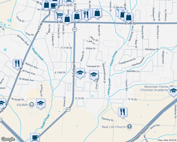 map of restaurants, bars, coffee shops, grocery stores, and more near 505 East 13th Street in Mountain Home