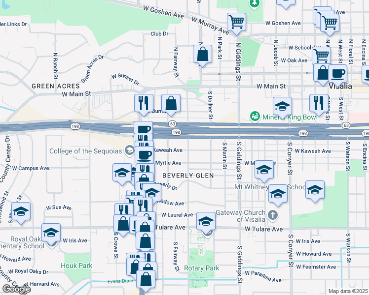 map of restaurants, bars, coffee shops, grocery stores, and more near 519 South Divisadero Street in Visalia