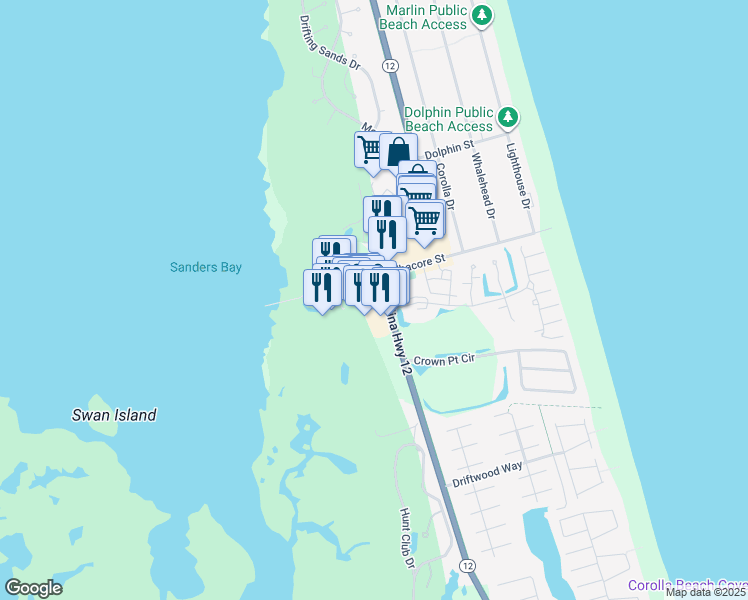 map of restaurants, bars, coffee shops, grocery stores, and more near 790 Sunset Blvd in Corolla