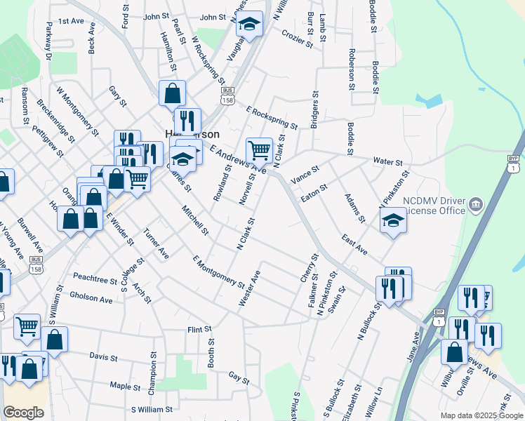 map of restaurants, bars, coffee shops, grocery stores, and more near 304 North Clark Street in Henderson