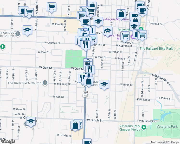 map of restaurants, bars, coffee shops, grocery stores, and more near 909 S 8th St in Rogers