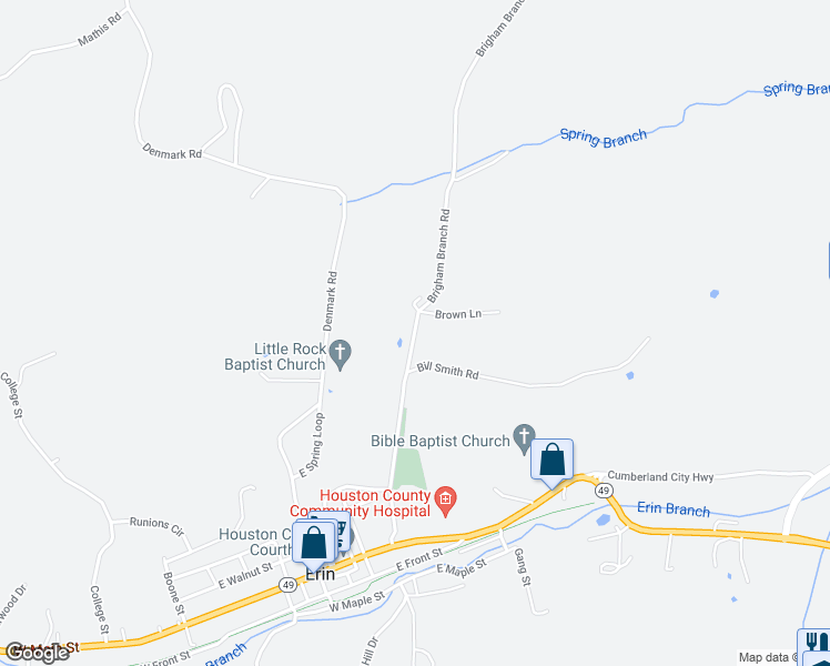 map of restaurants, bars, coffee shops, grocery stores, and more near Brigham Branch Road in Erin