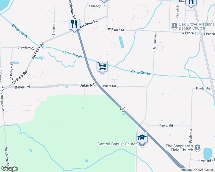 map of restaurants, bars, coffee shops, grocery stores, and more near 586 Baker Road in Martin