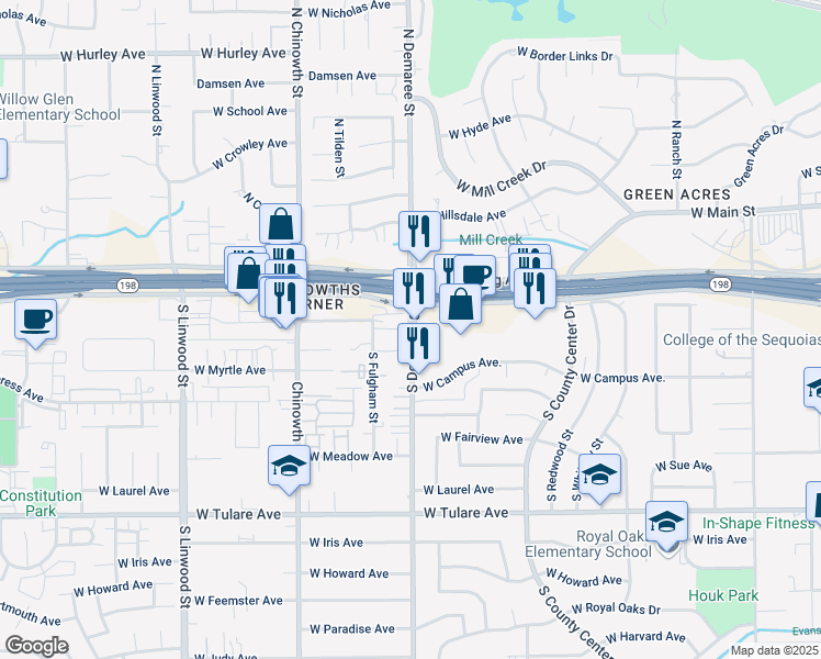 map of restaurants, bars, coffee shops, grocery stores, and more near 529 South Demaree Street in Visalia