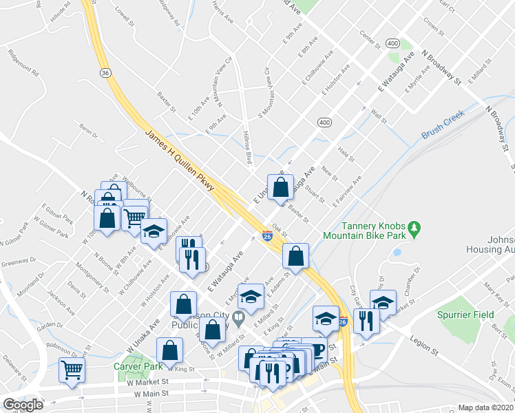 map of restaurants, bars, coffee shops, grocery stores, and more near 400 East Unaka Avenue in Johnson City