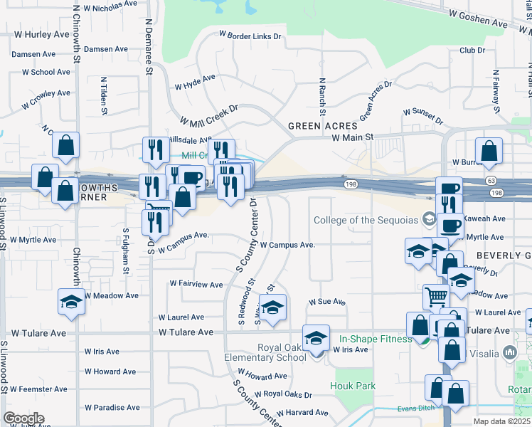 map of restaurants, bars, coffee shops, grocery stores, and more near 531 South Redwood Street in Visalia