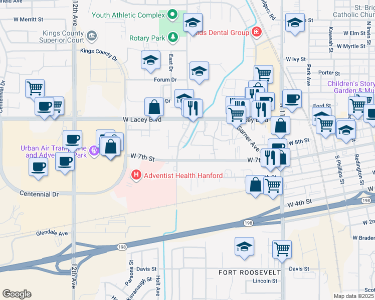 map of restaurants, bars, coffee shops, grocery stores, and more near 1126 West 7th Street in Hanford