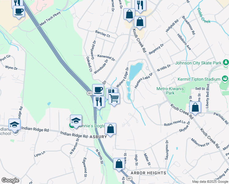 map of restaurants, bars, coffee shops, grocery stores, and more near 2003 Waters Edge Drive in Johnson City