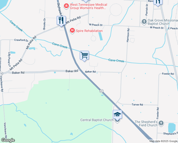 map of restaurants, bars, coffee shops, grocery stores, and more near 586 Baker Road in Martin
