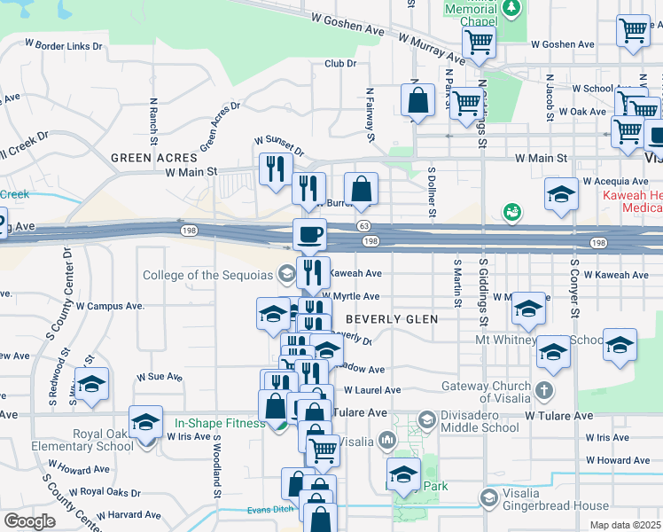 map of restaurants, bars, coffee shops, grocery stores, and more near 1718 West Kaweah Avenue in Visalia