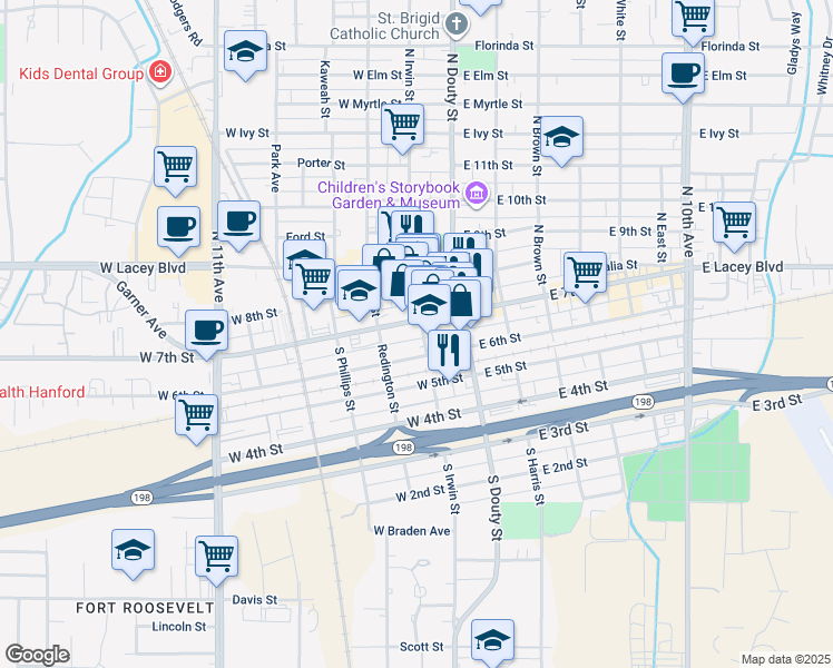 map of restaurants, bars, coffee shops, grocery stores, and more near 116 North Irwin Street in Hanford