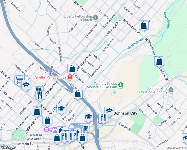 map of restaurants, bars, coffee shops, grocery stores, and more near 512 East Fairview Avenue in Johnson City