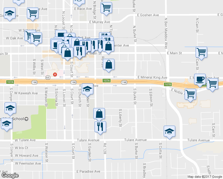 map of restaurants, bars, coffee shops, grocery stores, and more near 438 South Tipton Street in Visalia