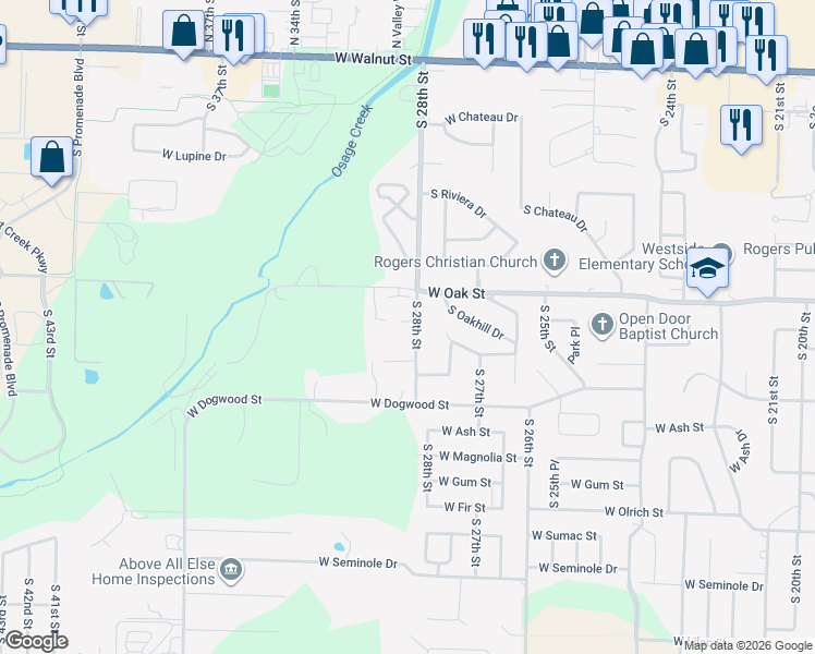 map of restaurants, bars, coffee shops, grocery stores, and more near 912 South 28th Street in Rogers