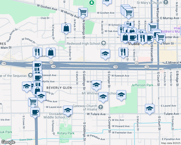 map of restaurants, bars, coffee shops, grocery stores, and more near 1115 West Kaweah Avenue in Visalia