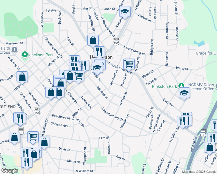 map of restaurants, bars, coffee shops, grocery stores, and more near 315 Charles Street in Henderson