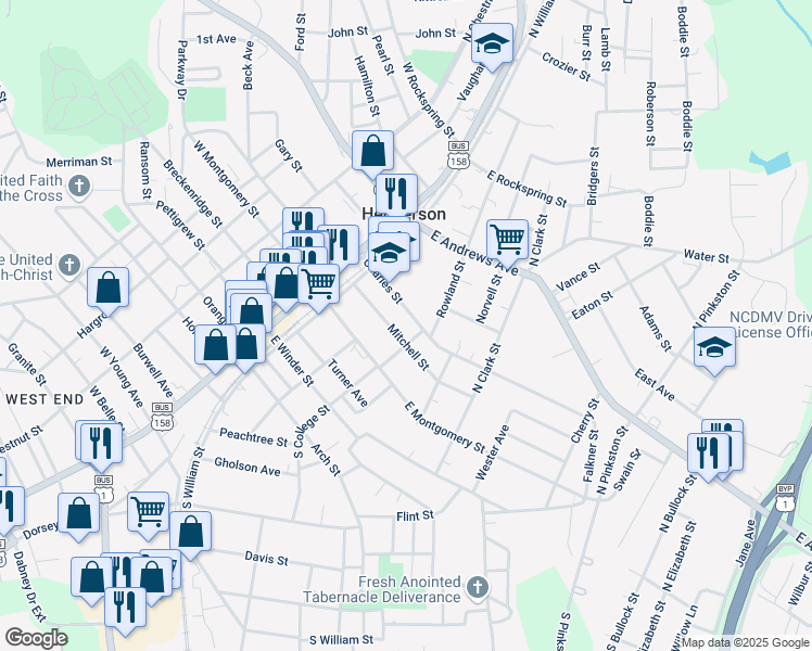 map of restaurants, bars, coffee shops, grocery stores, and more near 219 North College Street in Henderson