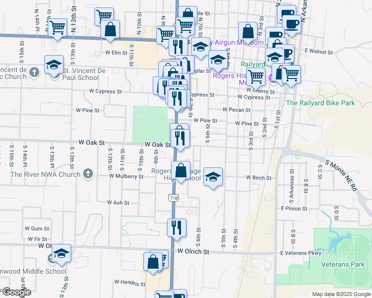 map of restaurants, bars, coffee shops, grocery stores, and more near 909 S 8th St in Rogers