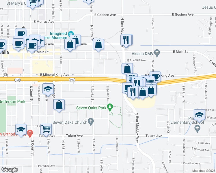 map of restaurants, bars, coffee shops, grocery stores, and more near 1109 East Noble Avenue in Visalia