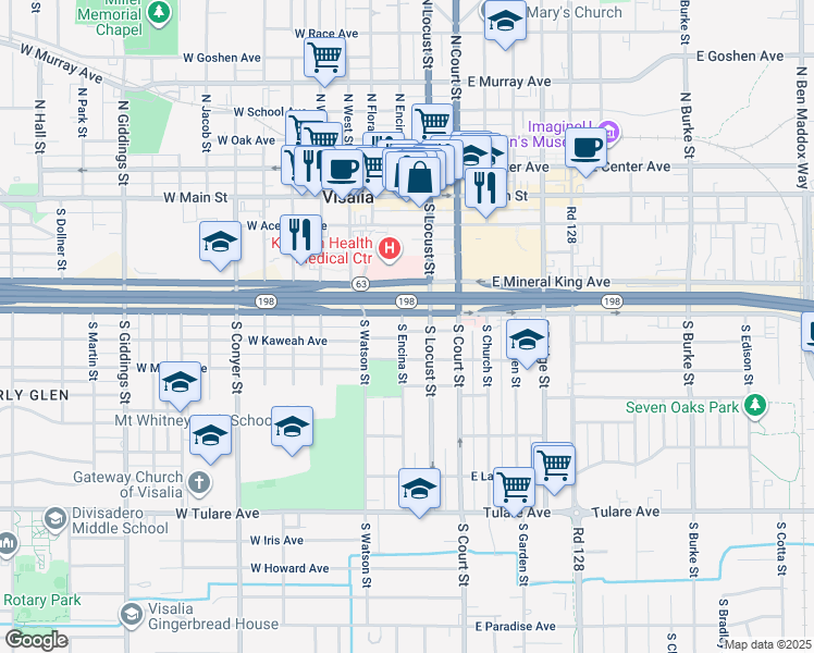 map of restaurants, bars, coffee shops, grocery stores, and more near 305 West Kaweah Avenue in Visalia