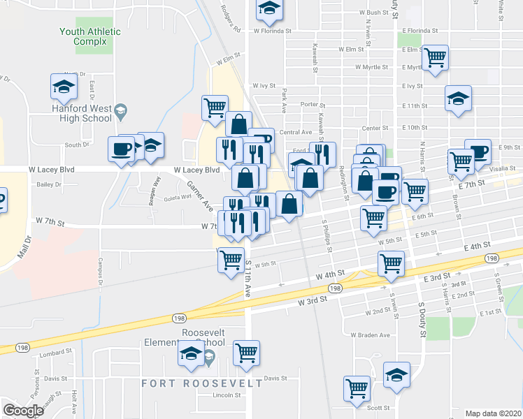 map of restaurants, bars, coffee shops, grocery stores, and more near 607 West 8th Street in Hanford