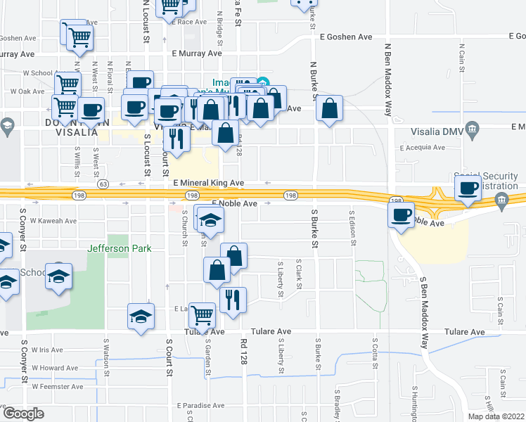 map of restaurants, bars, coffee shops, grocery stores, and more near 434 South Tipton Street in Visalia