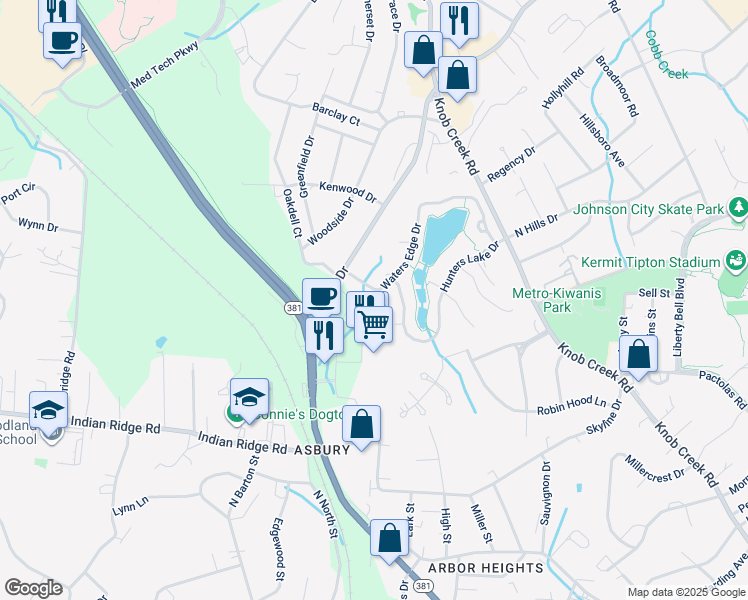 map of restaurants, bars, coffee shops, grocery stores, and more near 2003 Waters Edge Drive in Johnson City