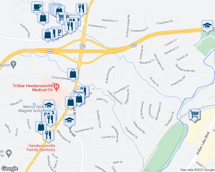 map of restaurants, bars, coffee shops, grocery stores, and more near 354 North Birchwood Drive in Hendersonville