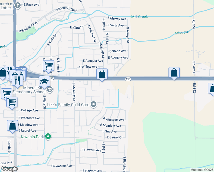 map of restaurants, bars, coffee shops, grocery stores, and more near Belmont Road in Visalia