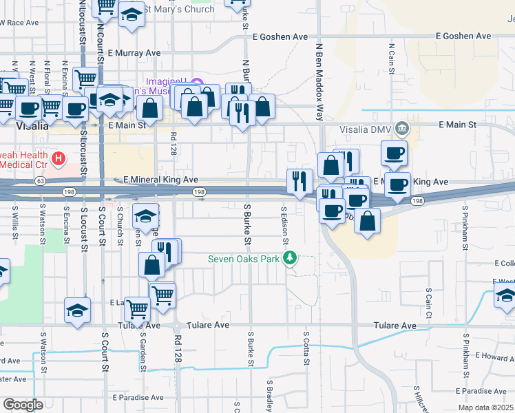 map of restaurants, bars, coffee shops, grocery stores, and more near 600 South Burke Street in Visalia