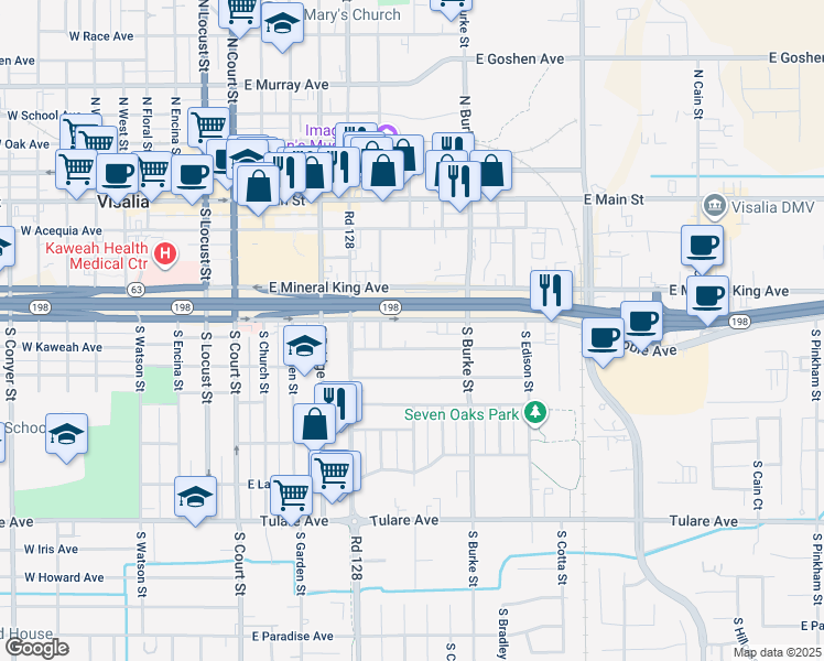 map of restaurants, bars, coffee shops, grocery stores, and more near 626 East Kaweah Avenue in Visalia