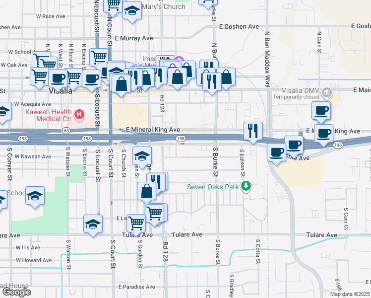 map of restaurants, bars, coffee shops, grocery stores, and more near 626 East Kaweah Avenue in Visalia